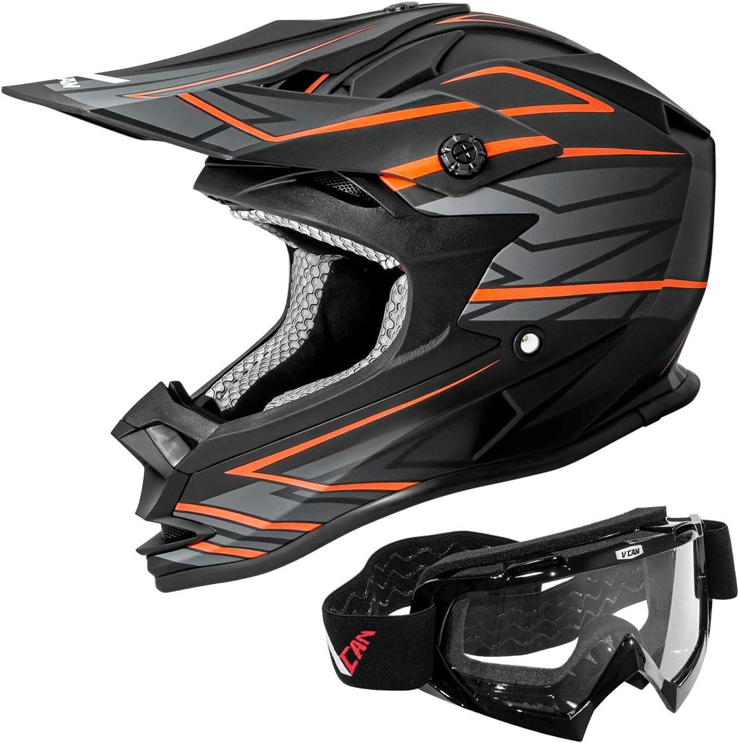 VCAN VX38 Adults ATV Motorcross Offroad Dirt Bike Motorcycle Downhill Helmet with Goggle DOT Approved (Medium, Matte Black Scramble line Orange)