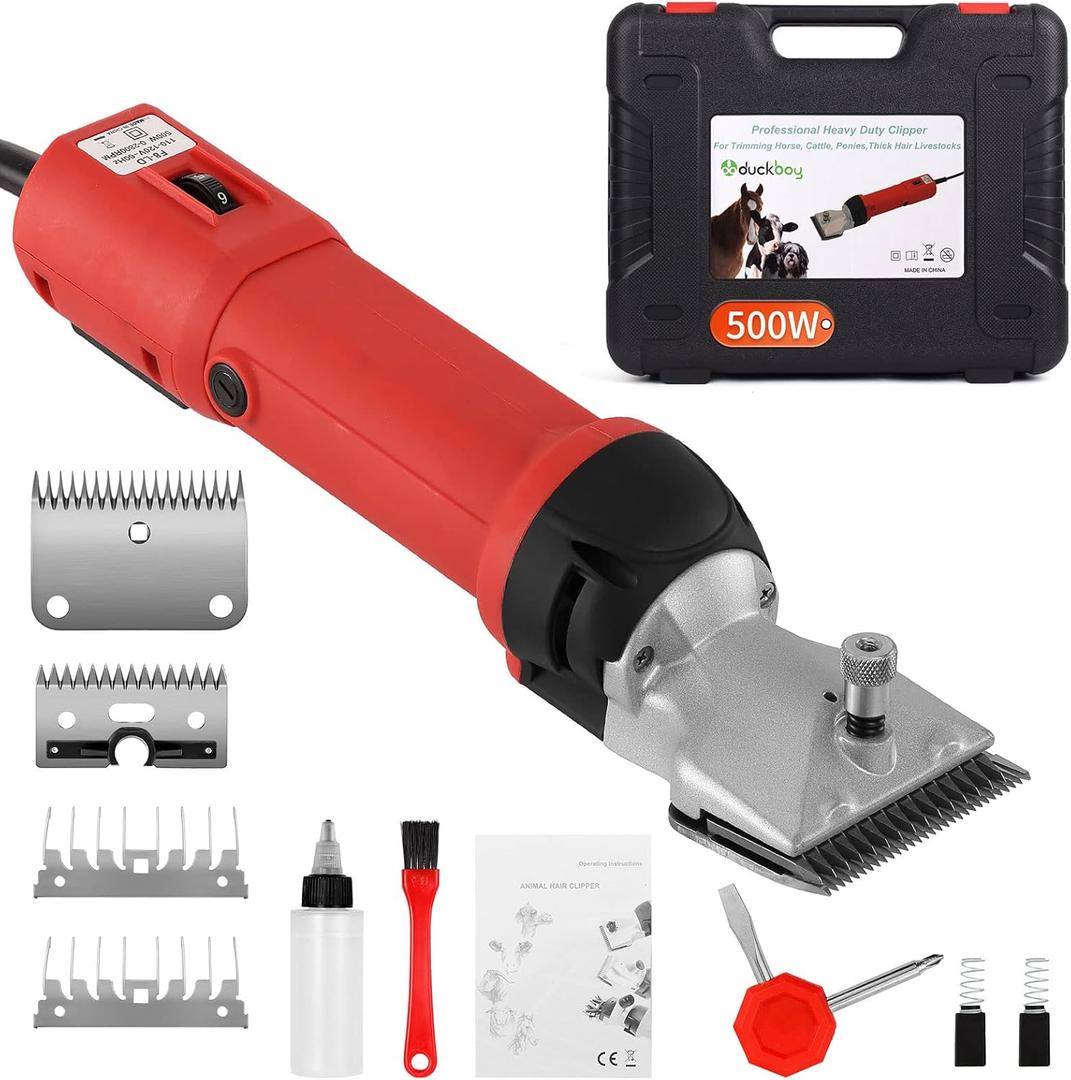 DUCKBOY Heavy Duty Clippers for Thick Coats Animals, 500W Professional Electric Shearing Machine for Horse Pony Cattle and Large Dogs Livestocks Grooming, 6 Speed & 2 Detachable Shearing Blades (500W Horse Clipper)