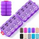 Foldable Weekly Pill Organizer 2 Times a Day with 2 Extra Compartments (Clear Printed Labels) - 7 Day AM PM Medicine Box, Week Daily Travel Pill Case Holder for Vitamin, Supplement - Clear Purple