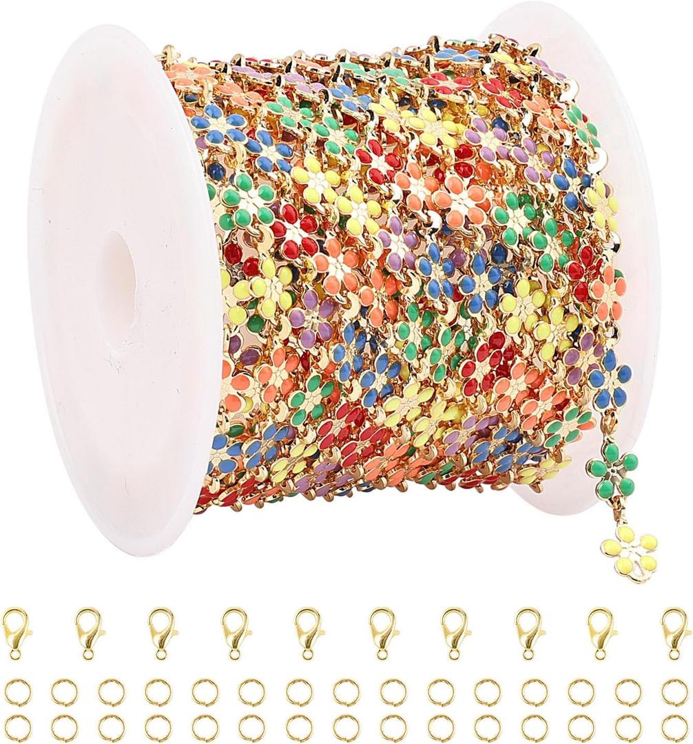 UMAOKANG 3 Meters Colorful Flower Chains for Jewelry Making Mixed Color Enamel Floral Jewelry Chains Bulk on Spool