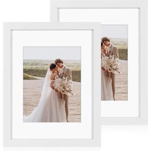 Hongkee 11x14 Picture Frames set of 2, Made of Glass and White Wooden Photo frame Displays 8x10 Picture with Mat or 11 x 14 Poster without Mat, Wall Collage Frame set