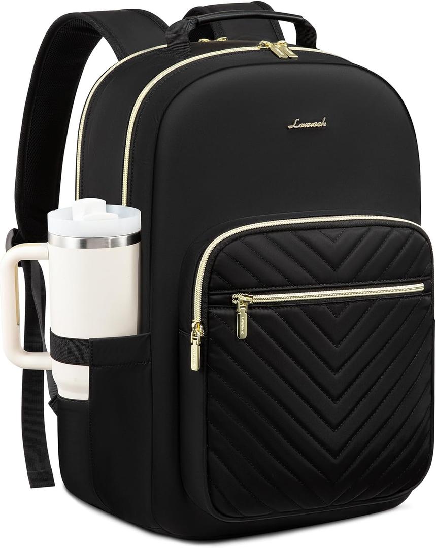 LOVEVOOK Laptop Backpack for Women with Giant Tumbler Holder 15.6 inch,Designer Travel Backpack Laptop Bag College Backpack,Quilted Work Nurse Teacher Backpack Purse Computer Bag Casual Daypack, Black
