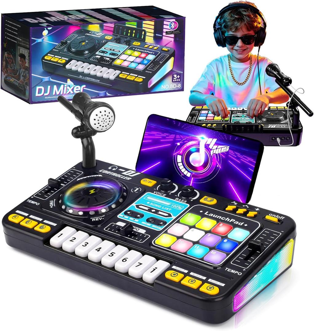 Tsomtto Kids DJ Mixer Controller Table Musical Toy with LED Lights Sound Effect Microphone Piano DJ Mixer Board Music Toys for Kids, Birthday Gift Toys for 3 4 5 6 7 Year Old Boy Girl