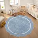 GarveeHome Scalloped Round Washable Rug, Soft Modern Round Rugs 5ft Circle Carpets for Bedroom Ultra-Thin, Boho Blue Print Distressed Circular Carpet for Living Room Dorm Bedside, Blue