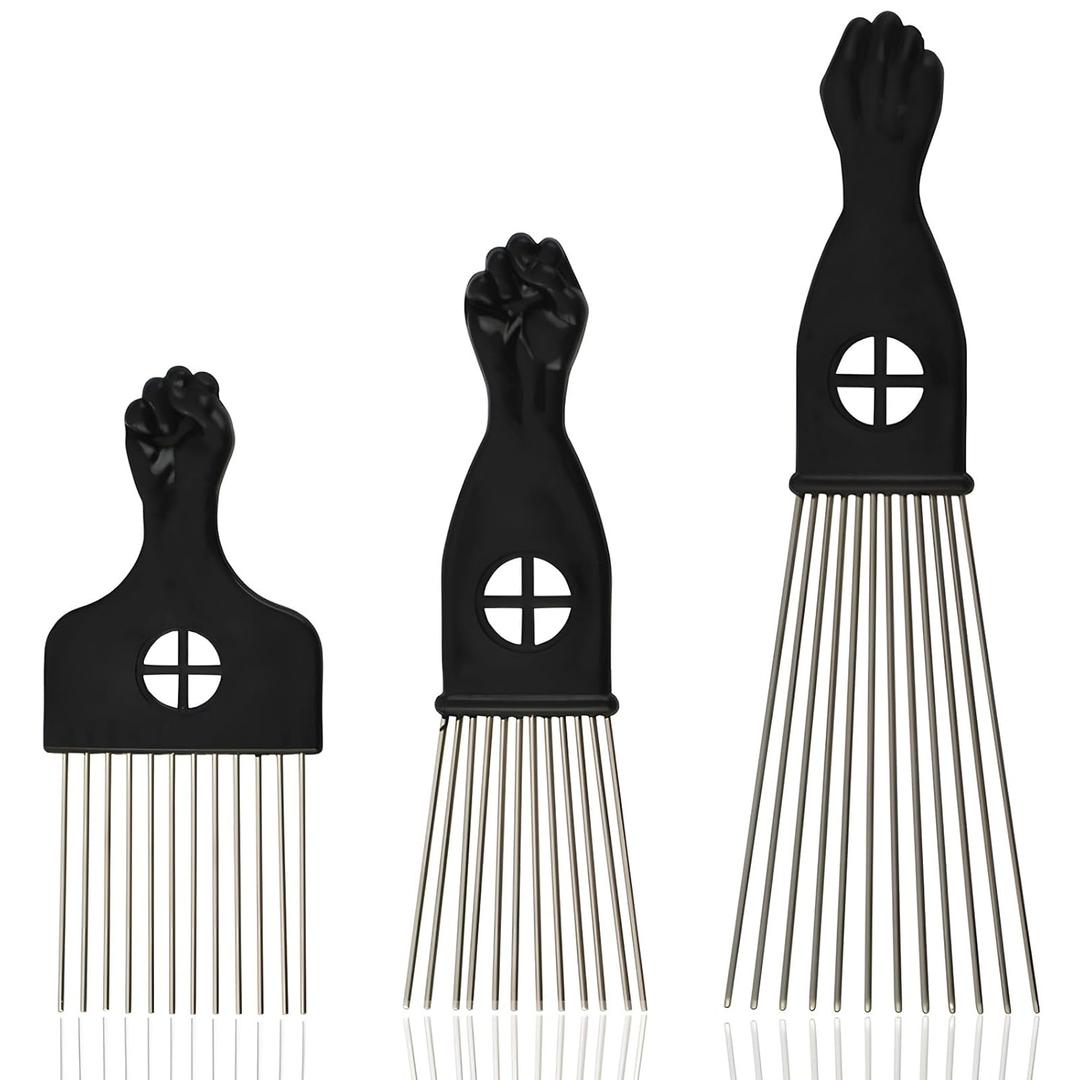 3-Piece Stainless Steel Afro Hair Pick Set, Fist Design for Men & Women, Perfect for Natural Curly Afro Hair, Essential Hairdressing Styling Tool