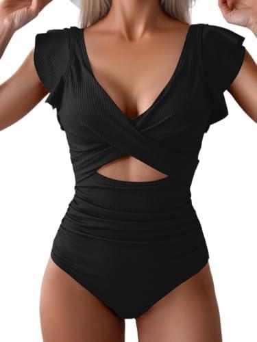 B2prity Women's One Piece Swimsuit Ruffle Cutout Bathing Suits Slimming Tummy Control V Neck Wrap Swimwear, M