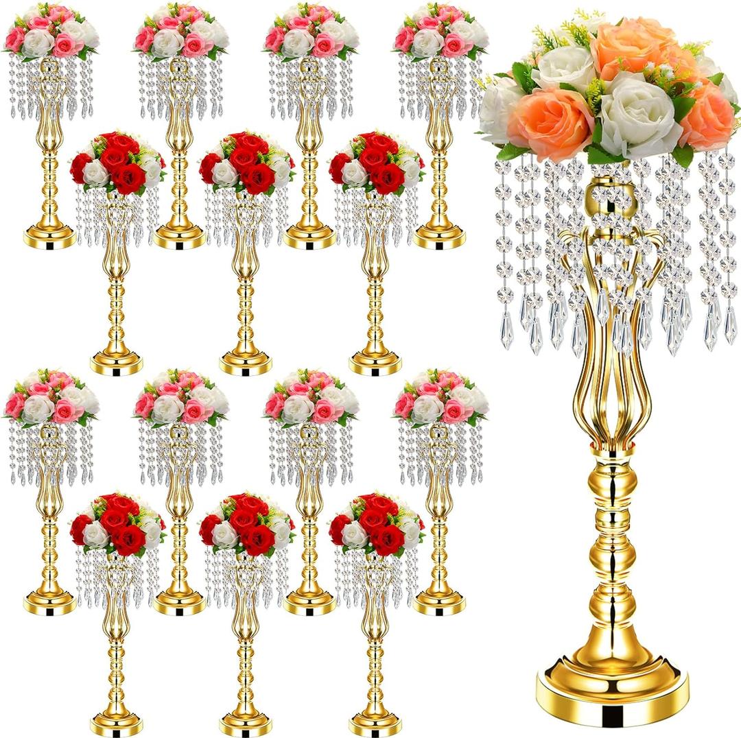 16 Pcs Wedding Centerpieces for Tables, Gold Silver Vase Centerpiece with Chandelier Crystal Metal Flower Stand, Tall Flower Vases for Wedding Party Home Decoration(Gold,21.3)