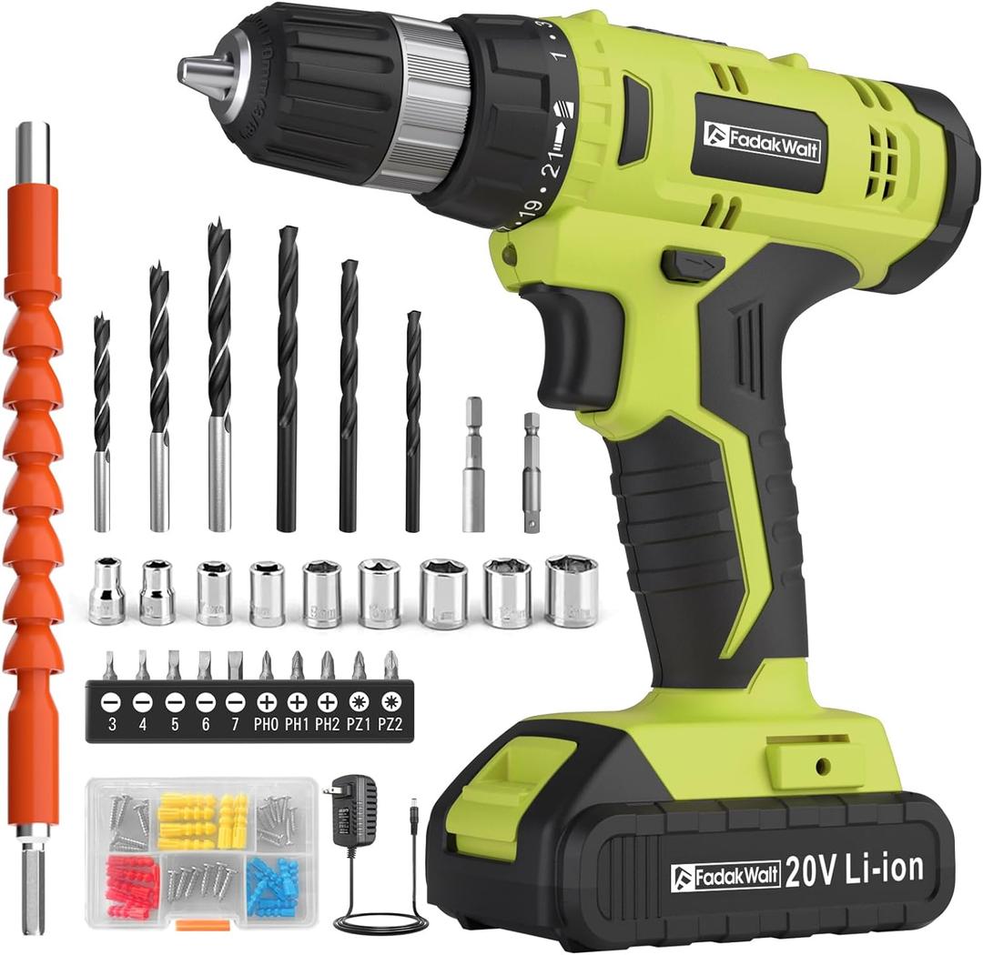 FADAKWALT Cordless Drill Set, 20V Electric Power Drill with Battery And Charger, Torque 30N, 21+1 Torque Setting, 3/8-Inch Keyless Chuck, Drill Driver Bits Kit, with LED (Green)