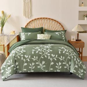 King Size Comforter Set - 7 Pieces Floral Botanical Printed on Green King Comforter Set with Sheets, Soft Lightweight Microfiber Bedding Set for All Season(104"X90")