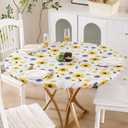 Round Vinyl Fitted Tablecloth with Flannel Backing Elastic Edge Design Table Cover Waterproof Oil-Proof PVC Table Cloth Stain-Resistant Best for 37"-44" Round (Yellow Flower)