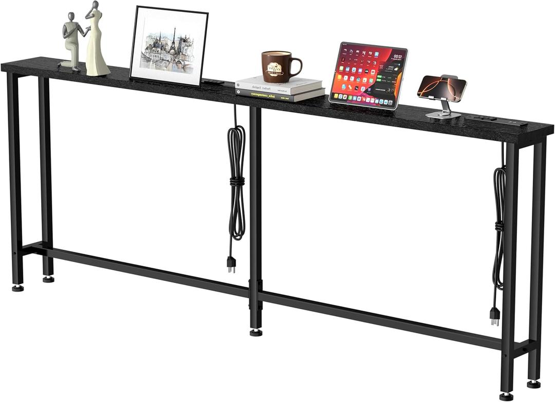 GRLEAF 63" Narrow Console Sofa Table with Built-in Power Strip (4 AC Outlets & 4 USB Ports)  4.9ft Power Cord, Metal Frame, Easy Assembly, Ideal for Behind Couch, Hallway, and Home Office | Black