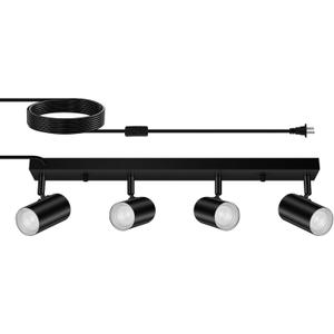 4 Light Track Lighting Kit,Black 4 Way LED Plug in Ceiling Spotlight,Industrial GU10 Wall Light for Kitchen Cabinet Gallery Bar Hallway Living Room,Rocker Switch,15 Foot Cord(No Bulb)
