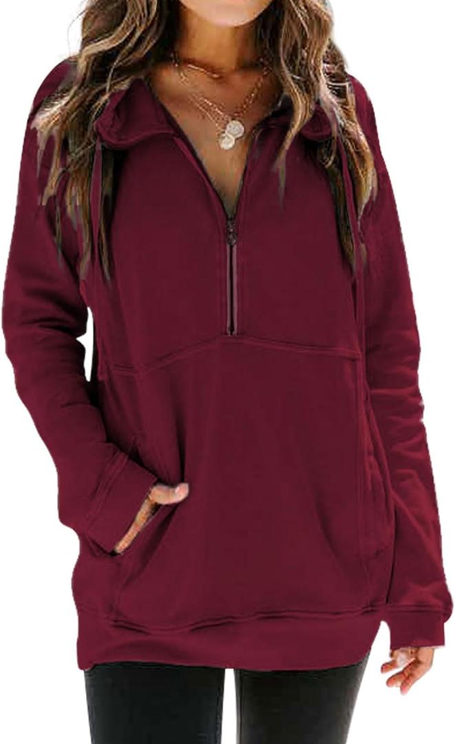Ladmous Womens Casual Long Sleeve Half Zip Sweatshirt Lapel Drawstring Oversized Pullover Tops with PocketsS-2XL (Red)