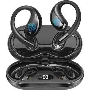Psadhi Open Ear Clip Wireless Earbuds Bone Conduction Headphones, Bluetooth 5.4, Open Ear Design for Running Fitness,Office，Built-in Mic, IPX7 Waterproof, LED Display Charging Case,Ear Hooks Black