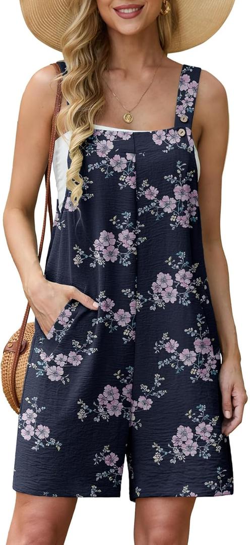 Lepunuo Rompers for Women Summer Boho Loose Fit Sleeveless Short Jumpsuits Overalls Vacation Outfits (XX-Large, Floral Blue Plum)