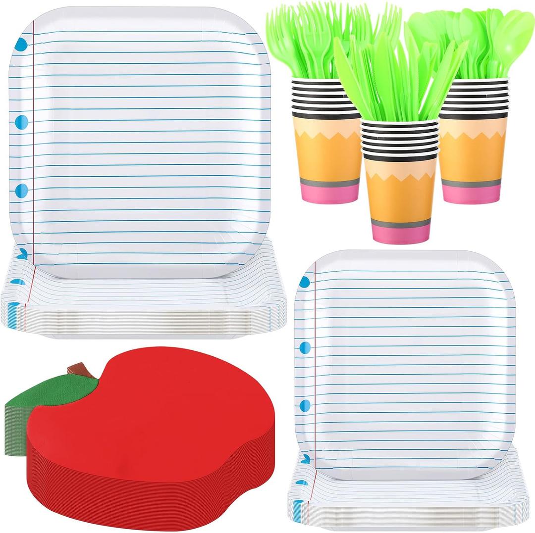 Back to School Party Decorations Notebook Paper Plates Apple Napkins Cups Disposable Tableware Set for First Day of School Preschool Kindergarten Classroom Preschool Party Supplies, Serves 25