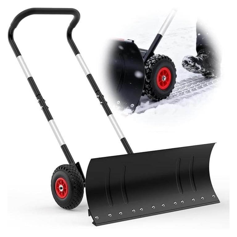 Snow Shovel Pusher for Driveway,Heavy Duty Steel Snow Shovel with Wheels,29 in Angled Blade Efficient Snow Removal,3 Level Adjustable Height Handle,Snow Plow with Safety Reflective Tape