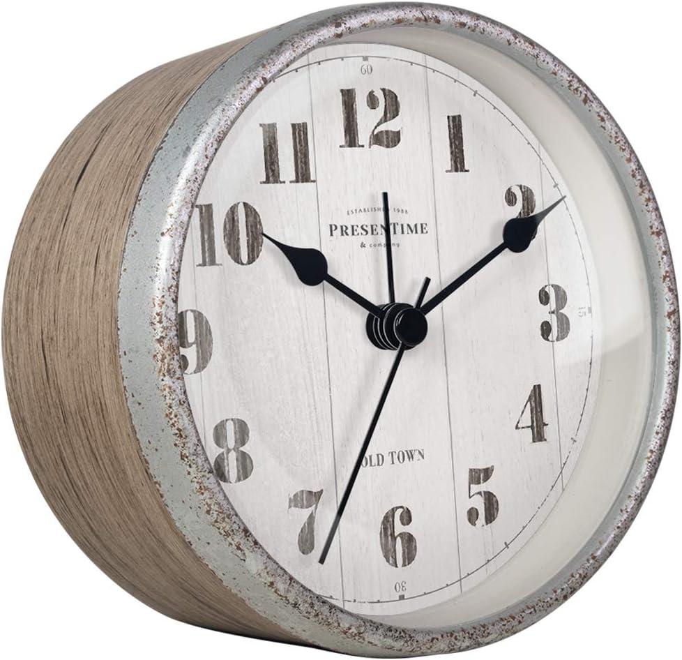 Presentime & Co 4" Farmhouse Tabletop Alarm Mantel Clock, Desk and Shelf Clock, Silent no Ticking, Light Grey Oak and Rusted Galvanized Finish, Tabletop Decor, Home Decor, Farmhouse Decor