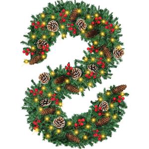 Christmas Garland, 12FT Prelit Christmas Garland with 100 LED Lights, Greenery Xmas Garland with 20 Pine Cones 90 Red Berry Christmas Decoration for Indoor Outdoor Home Mantel Fireplace