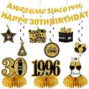 11Pcs 30th Birthday Decorations Kit for Men Women, Black Gold Happy 30th Birthday Banner, Awesome Since 1996 Centerpieces Swirls Party Supplies, Thirty Bday Banner Ceiling Table Topper Sign