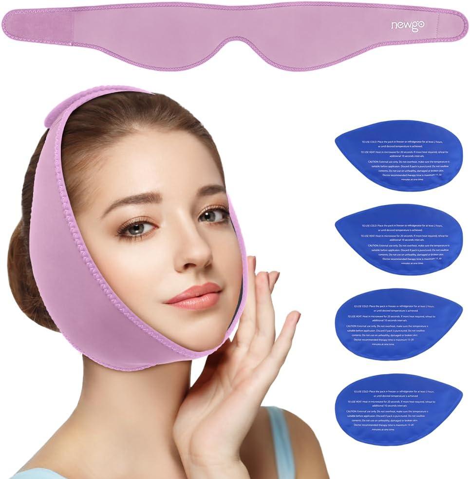 NEWGO Wisdom Teeth Ice Pack Head Wrap Jaw Ice Pack for Face Oral Surgery, FSA/HSA Eligible with 4 Hot/Cold Gel Pack for TMJ, Tooth Extraction, Tonsillectomy Recovery - Purple