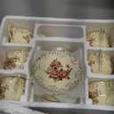 YOLIFE 8 OZ Pink Rose Tea Cups and Saucers Set of 6, Ivory Vintage Floral Porcelain Teacups Set, Coffee Cups with Golden Rack