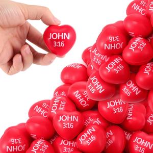 Zubebe 48 Pcs Christian Heart Stress Balls Bulk, John 3: 16 Jesus Loves You Foam Squeeze Balls, Religious Gifts for Sunday School Church Baptism First Communion Easter Vbs Party Favors (Red)