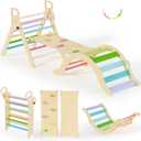 BlueWood Pikler Triangle Set, Toddler Wooden Climbing Toys Indoor 7in1 Foldable Climber for Kids, Montessori Philosophy Play Jungle Gym with Arch, Ramp, Ladder (Colorful Spring)
