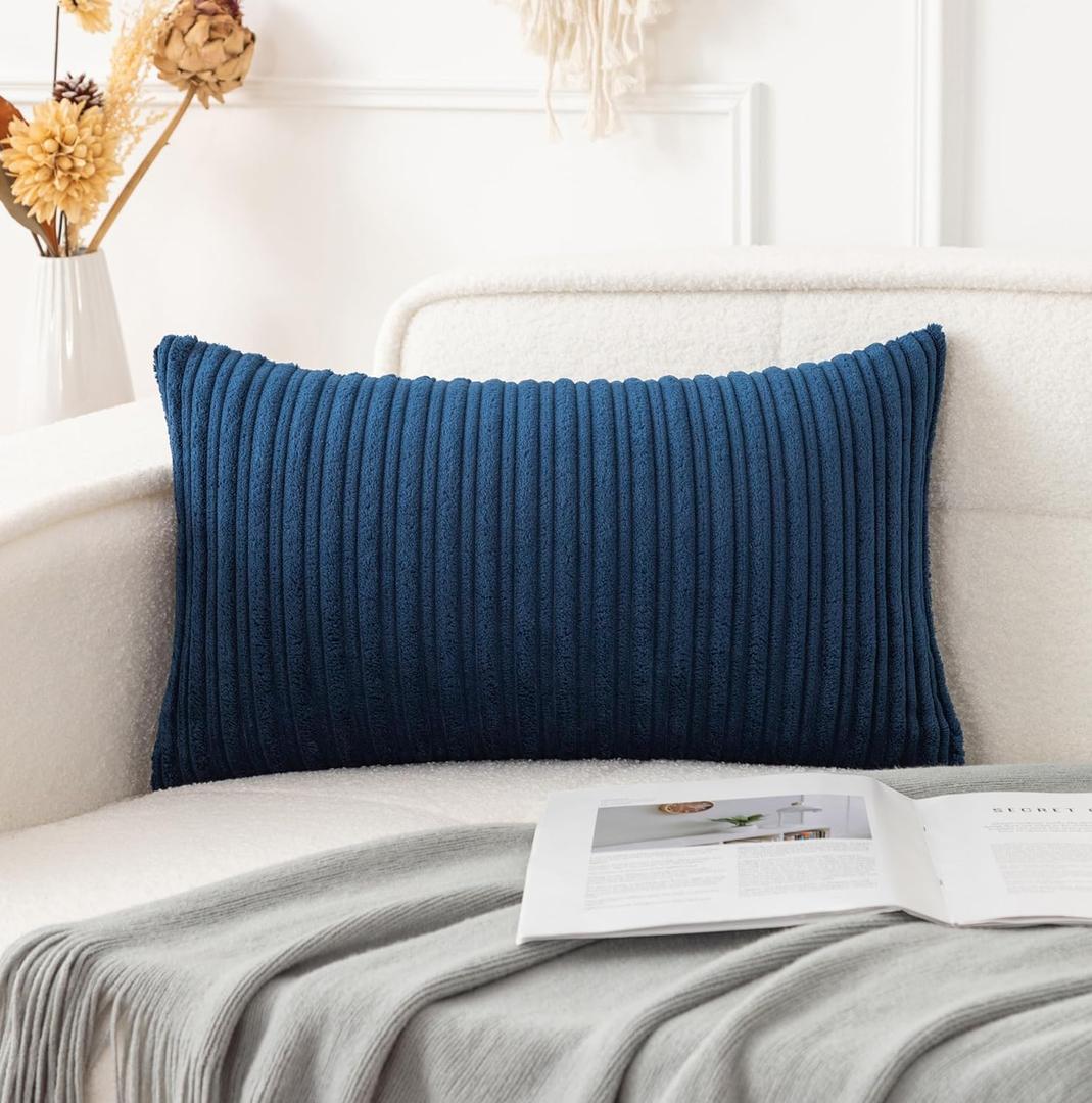 UGASA Velvet Soft Solid Corduroy Striped Decorative Throw Pillow Covers Set Cushion Case for Sofa/Bedroom/Car, 1 Pc, 12x20 Inch, Navy Blue