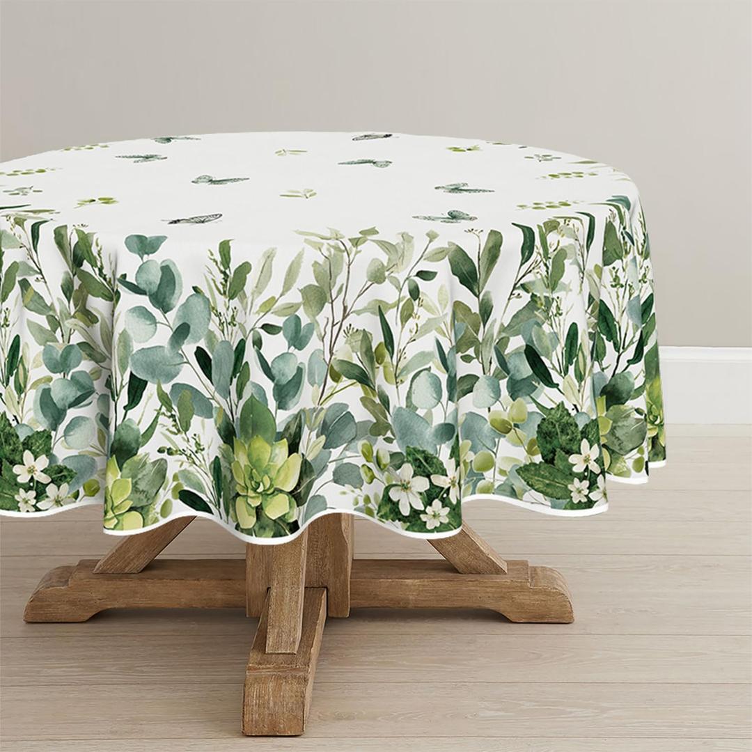 Horaldaily Spring Summer Tablecloth 60x60 Inch Round, Eucalyptus Floral Table Cover for Party Picnic Dinner Decor (Green)