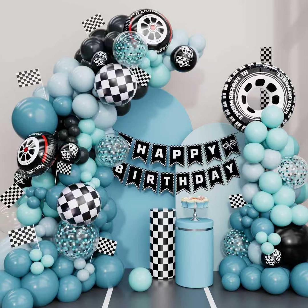 Race Car Balloon Arch Kit  Blue Race Car Party Decorations with Banner, Checkered Flags, Tire & Checkered Foil Balloons for 2nd Birthday, Racing Theme, or Race Car Birthday Party Decorations
