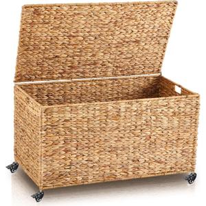 Wonderjune 36 x 20 x 18.5 Inch Rolling Wicker Storage Basket with Lid and Locking Wheels, Water Hyacinth Storage Trunk, Heavy Duty Metal Frame Woven Blanket for Seasonal Clothes Laundry Room, Bedroom
