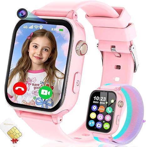 4G Kids Smart Watch GPS Tracker, Smartwatch for Kid with Video Calling, Voice Chat, Class Mode, SOS , Pedometer, Alarm, Games, SIM Card HD Touch Screen Phone Watch Gift for 412 Girls Boys, Pink