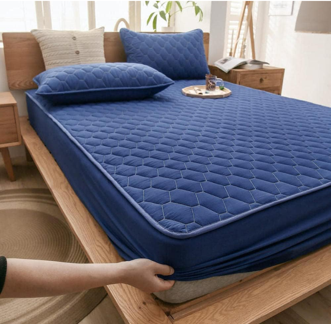 Twin Bed Sheets Set Kids Waterproof Urinary Quilted Mattress Protector, Single Double King Size Mattress Topper in The Elderly Bedroom Navy Blue 90200cm