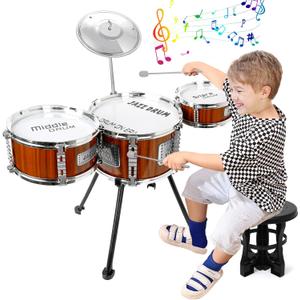 Kids Drum Set Music Toy Drum Set for Toddlers Ages 3-5 Jazz Drums Kit with Stool, 3 Drums Percussion Musical Instruments Toys for 3 4 5 Year Old Boys Girls Gifts (Brown)