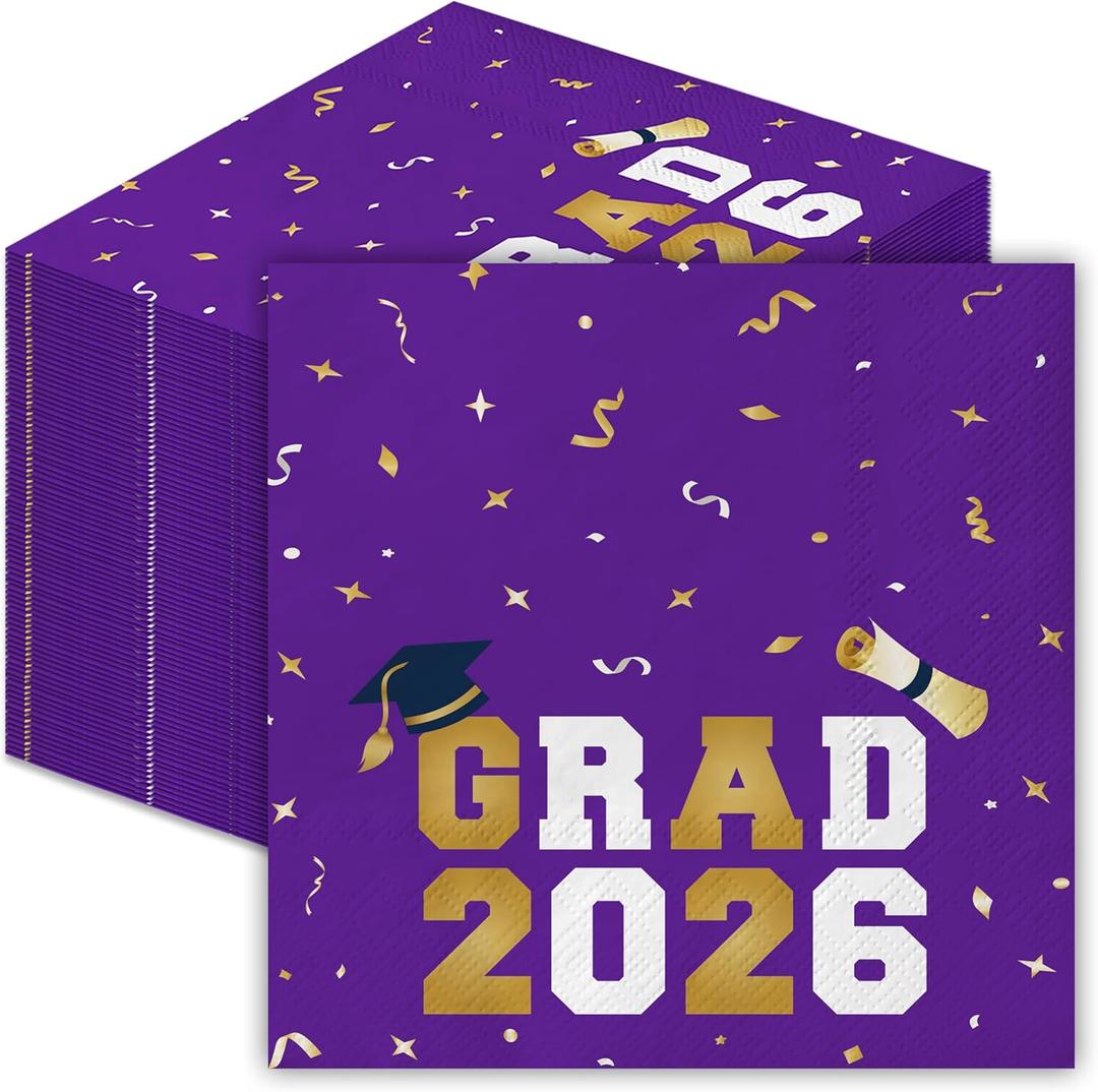 Graduation Napkins 2026 | 5X5" 100PCS Class of 2026 Beverage Napkins | Purple Congrats Grad Cocktail Napkins for Commencement Party Decorations, High School & College Graduation Party Supplies