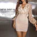Women's Long Sleeve Mini Short Dress Neck Sequin Ruched Mesh Dress Prom Cocktail Party Gowns (Beige, XL)