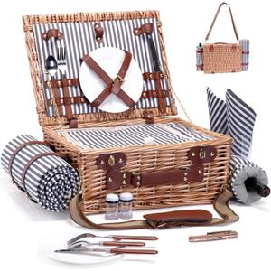 Picnic Basket with Blanket and Wine Pouch for 2 Wicker Picnic Set with Insulated Liner Cooler Bag Hamper for Camping,Wedding - Stripes