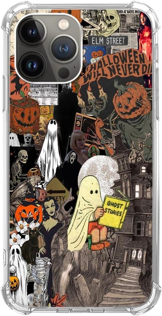 BESUC WICH Spooky Nightfall Collage Phone Case Compatible with iPhone 14 Pro, Spooky Pumpkin Ghost Collage Case for Girls Boys Women Men, Trendy TPU Bumper Cover for iPhone 14 Pro