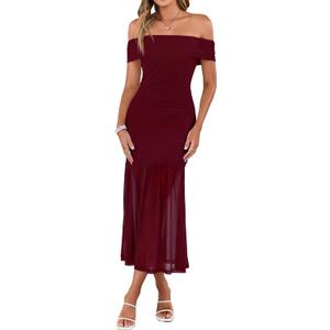 Simplee Womens Summer Off Shoulder Maxi Dress 2026 Ruched Bodycon Flowy Tulle Formal Cocktail Wedding Guest Long Dresses, Small