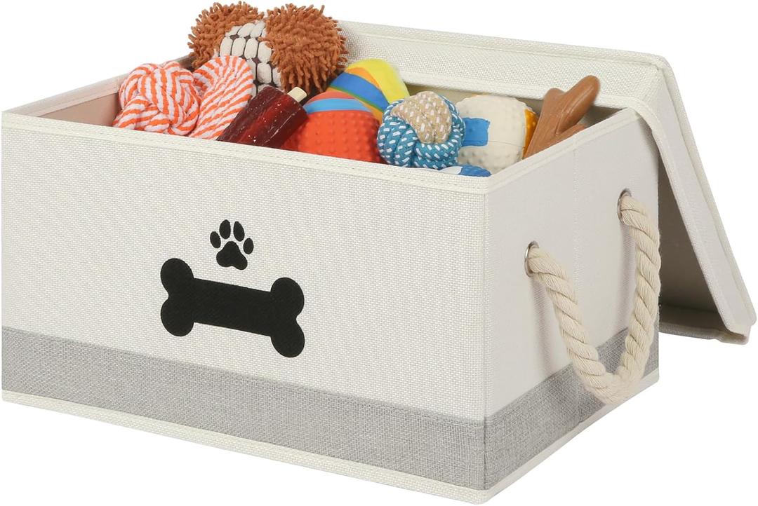 Dog Toy Basket with Lid, Dog Basket for Toys, Dogs Toy Box with Cotton Rope Handles, Collapsible Storage Bins for Pet Toys, Dogs Storage Organizer, Beige&Gray (Medium)