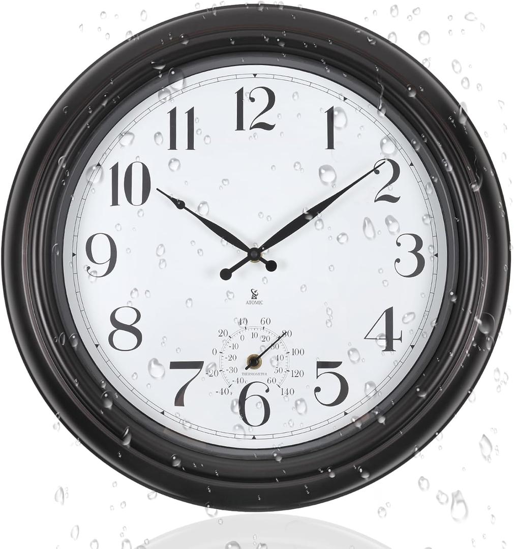 Atomic Outdoor Wall Clock 18 Inch Sealed Outdoor Waterproof Clock with Temperature, Auto-Set Time, Easy to Read - Large Patio, Pool Clock for Outside, Backyard, Garden (Dark Brown)