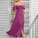 KUTUMAI Women Summer Puff Sleeve Off Shoulder Floral Flowy Long Maxi Dress HotPink S (Pink, S)