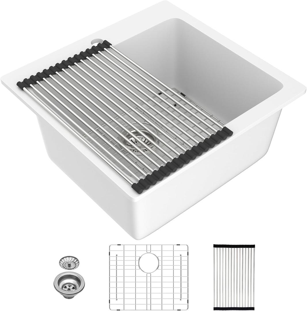 21 Inch White Drop In Wet Bar Sink 21"x20" Granite Sink, 21"x20"x9.65"-Topmount