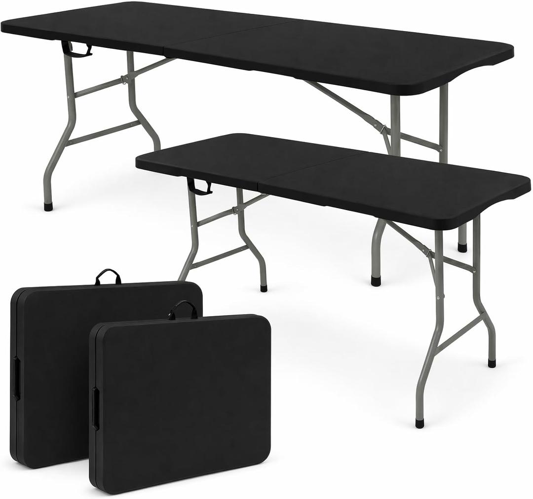 Set of 2 Folding Table 6 FT Lightweight Camping Table Black Portable Plastic Rectangular Outdoor Dining Table Steel Legs Fold-in-Half with Carrying Handle for Indoor,Picnic,Party,Wedding,Events