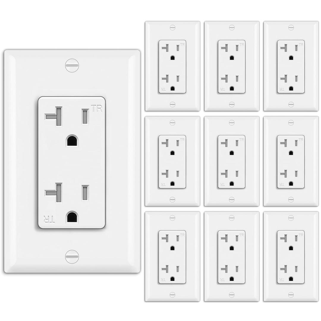 BESTTEN 10 Pack 20 Amp Decor Wall Receptacle Outlet, 20A Tamper-Resistant (TR) Electrical Outlet with Wall Plate, Residential and Commercial Use, UL Listed, White