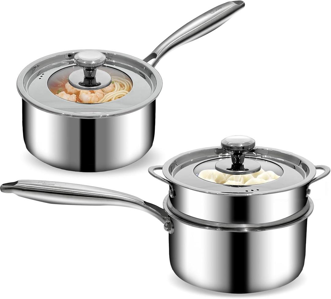 2.5QT & 3.5QT Tri-Ply Stainless Steel Saucepans with Steamer and Visible Lid Small Pot Sets Sauce Pan Glass Lid for Cooking Milk Pasta Soup, Cookware Dishwasher Safe Induction Compatible