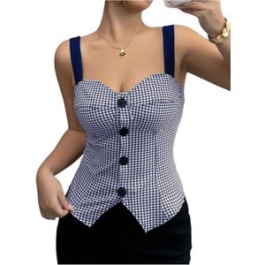 OYOANGLE Women's Summer Houndstooth Print Button Front Tank Top Sleeveless Spaghetti Strap Fitted Blouse (Deep Blue)