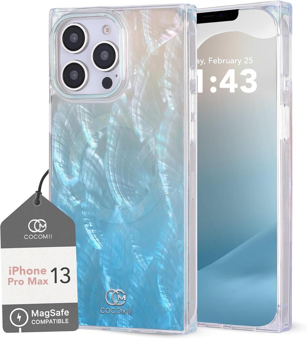 COCOMII Rectangle for iPhone 13 Pro Max Case, Turquoise Real Motherofpearl | Compatible with MagSafe Wireless Charging, Shockproof 10ft Drop Protection, Camera & Screen Protection, Premium Glossy Finish