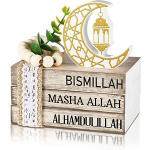 Ramadan Decorations for Home Eid Mubarak Decorations Wood Ramadan Table Sign Golden Moon Eid Tiered Tray Sign for Islamic Muslim Table Indoor Shelf Office Gifts